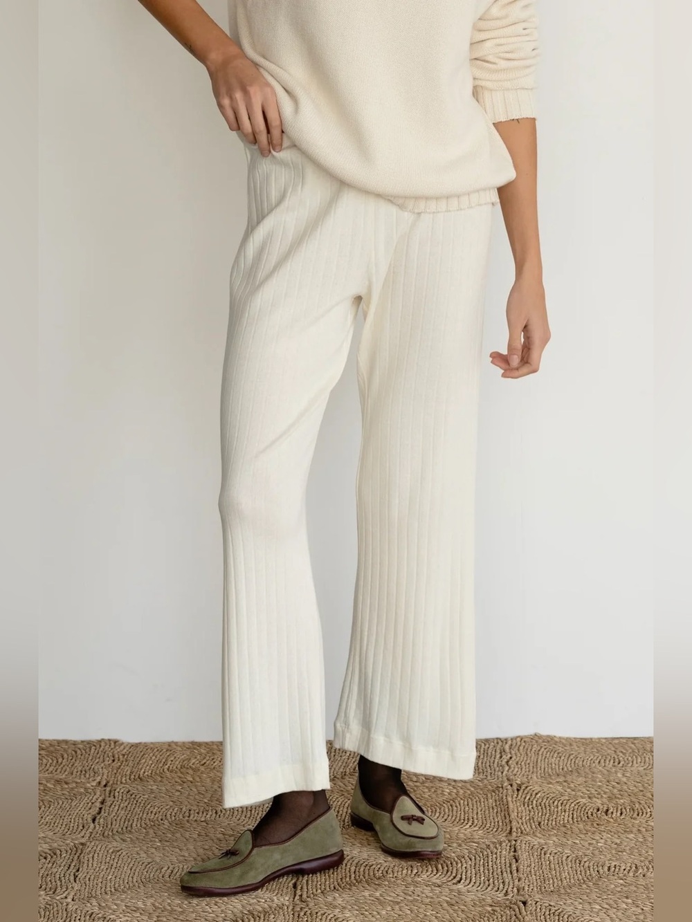 DONNI. Pointelle Simple Crop Pant Creme